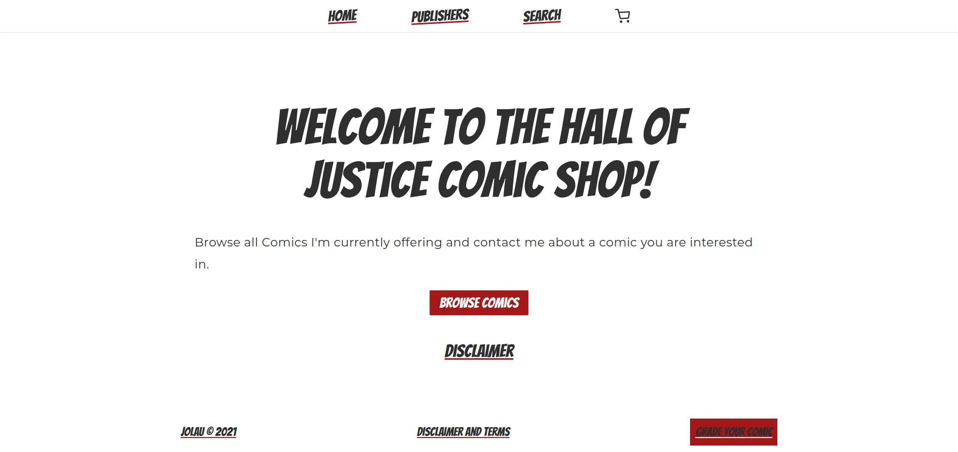 E-commerce homepage showing the comic book collection grid